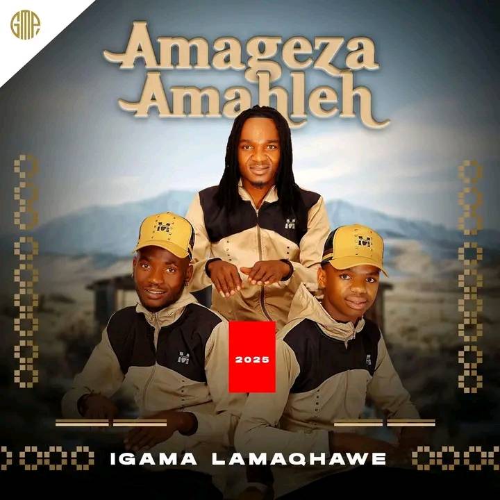 A traditional Maskandi album cover featuring Amageza Amahleh, displaying cultural attire and musical heritage.