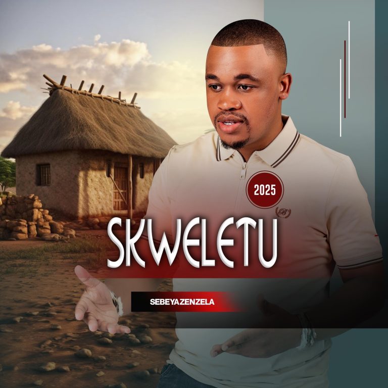 Skweletu Sebeyazenzela EP cover art featuring the artist in traditional Zulu attire with a cultural background design.